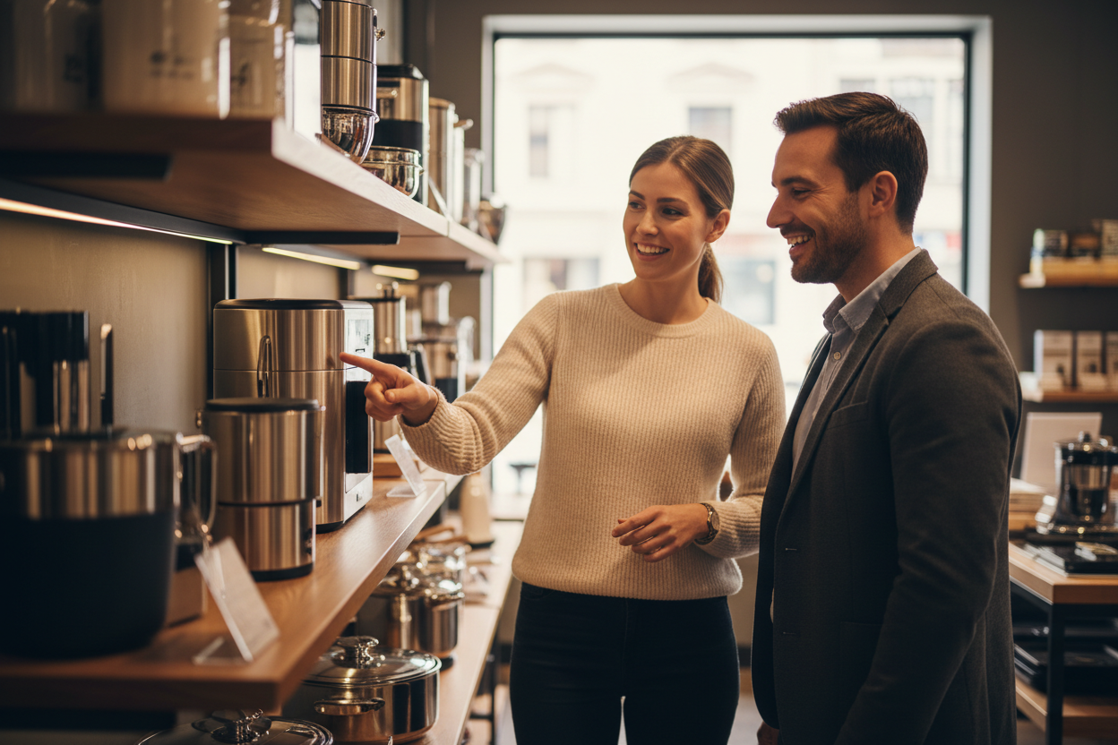 Two people interacting in a retail store — a salesperson showing a product to a customer near shelves under warm indoor lighting.