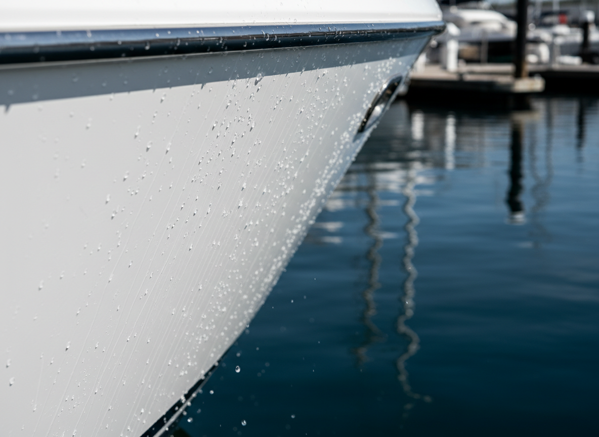 Freshly washed yacht exterior with water beading on hull
