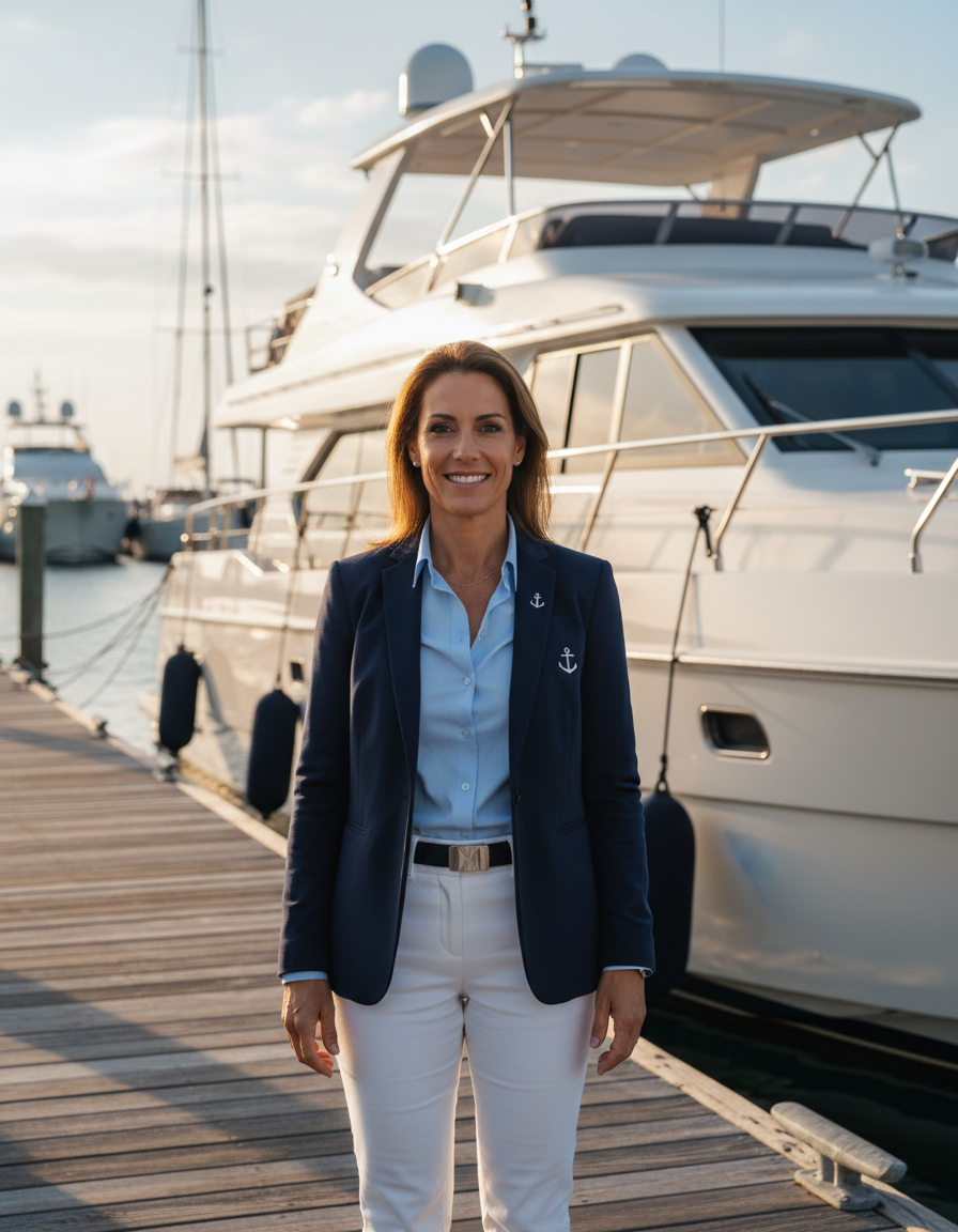 Founder of Dazzle Marina standing on dock beside luxury yacht