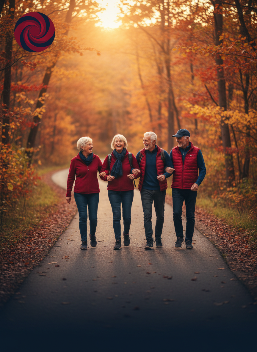 Seniors walking outdoors in autumn