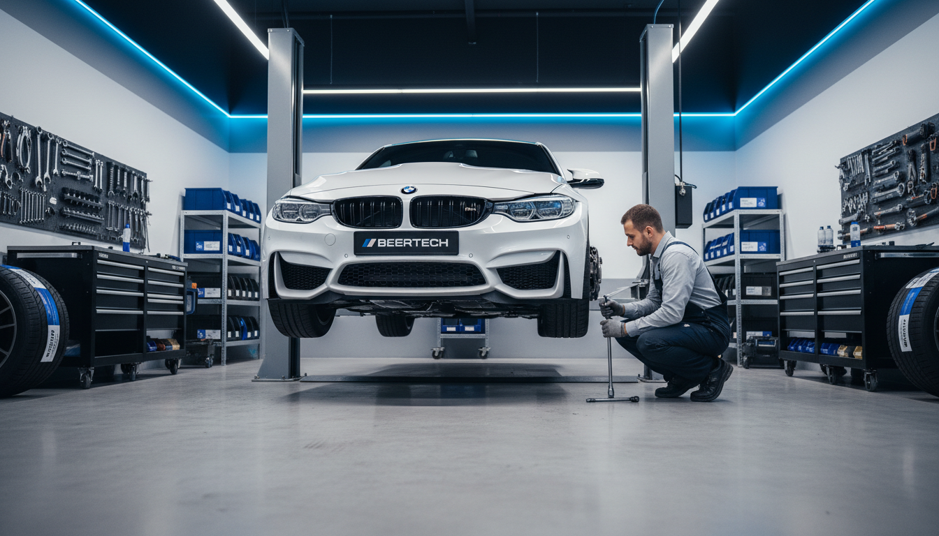 BMW M car on lift inside Beertech workshop