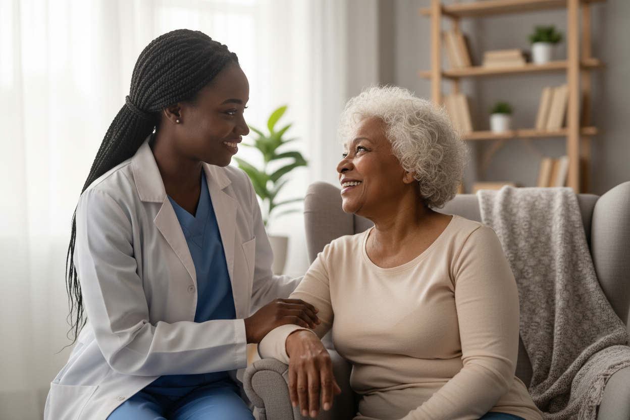 Photorealistic photo of a Black nurse caring for a lighter-skinned elderly Black woman who is smiling at her.