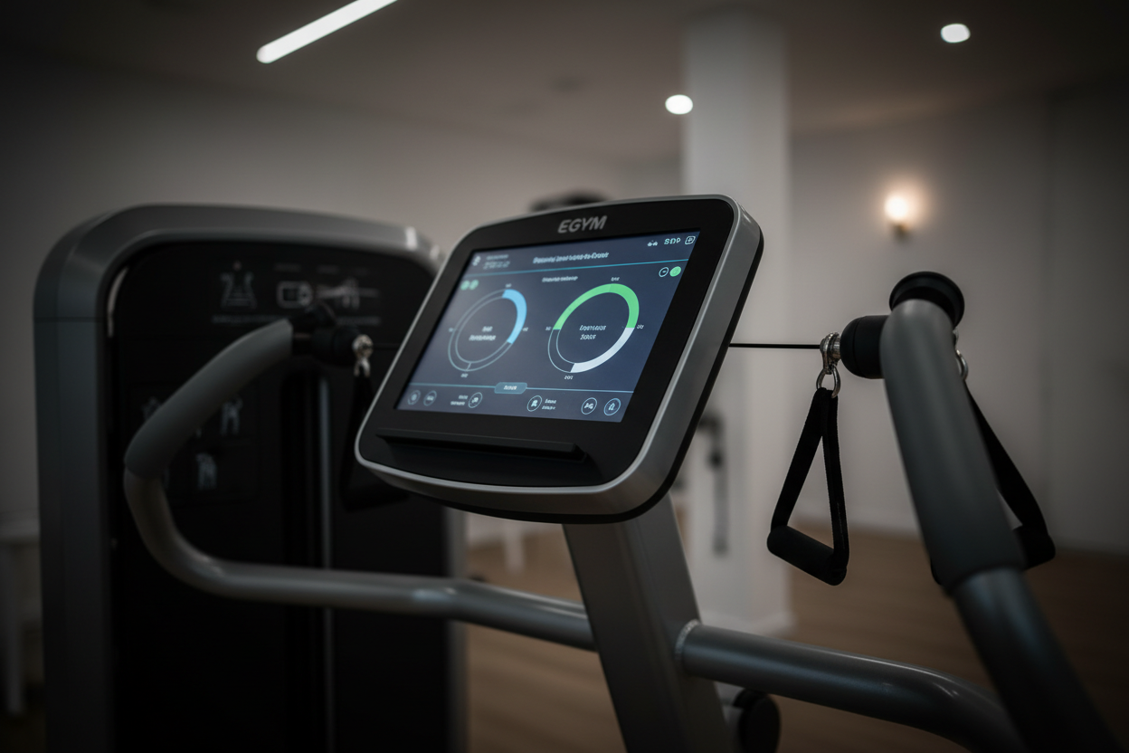 Machine EGym moderne en fonctionnement dans un espace de rééducation lumineux