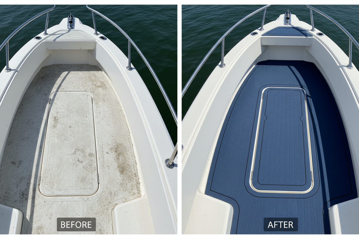 Before and after comparison of deck surface with OceanGrip EVA installed (before on left, after on right)