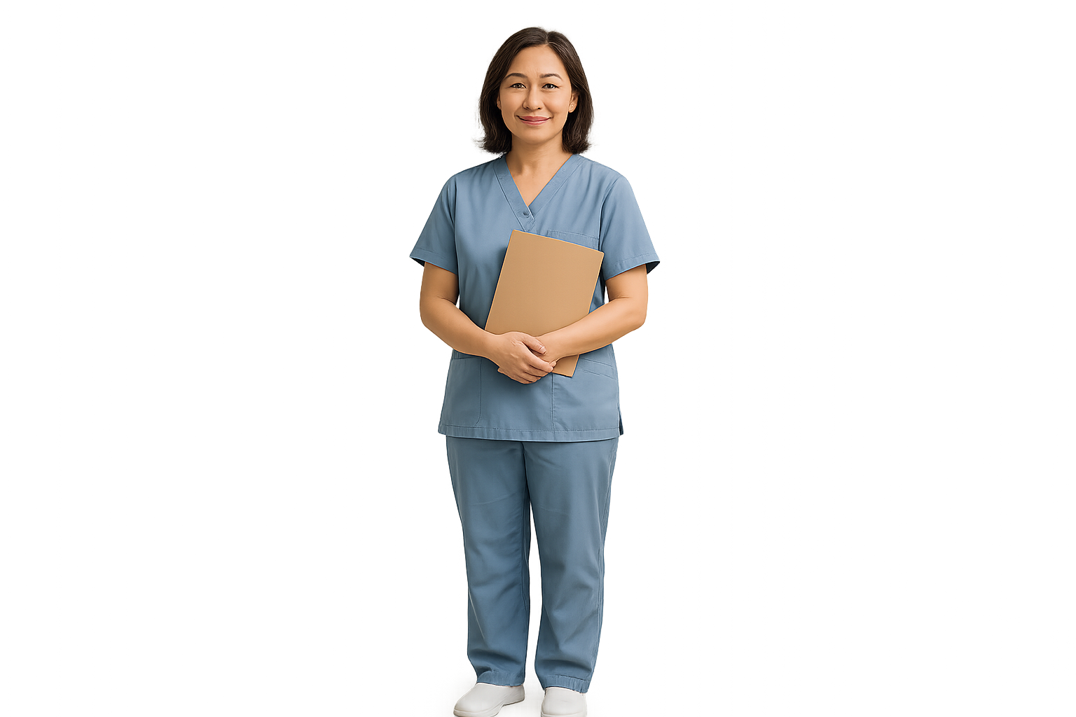 Nurse standing in serene clinic corridor holding a patient folder