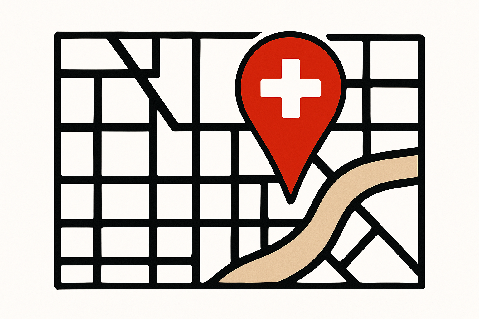 Map showing clinic location on a city grid with a pin