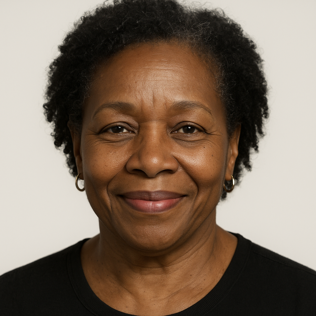 Headshot of Martha K., 58, warm smile, neutral studio background
