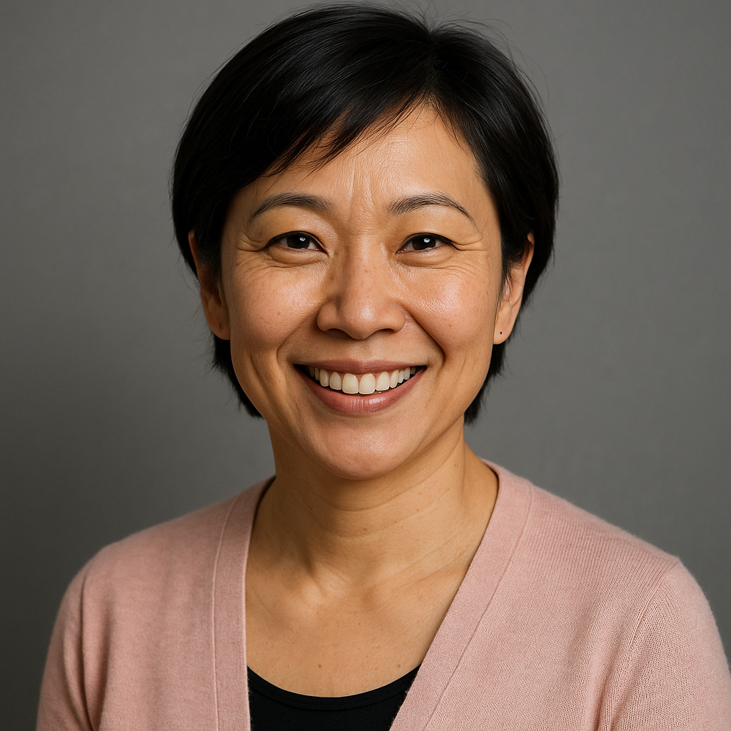 Professional headshot of smiling Asian woman in her early 40s with short black hair