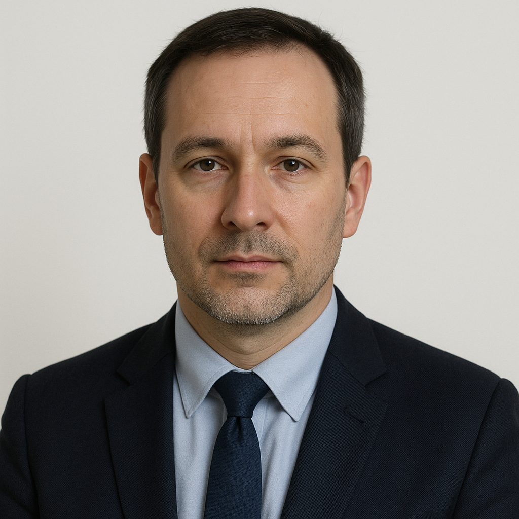 Headshot of Daniel R., 45, calm expression, studio neutral backdrop