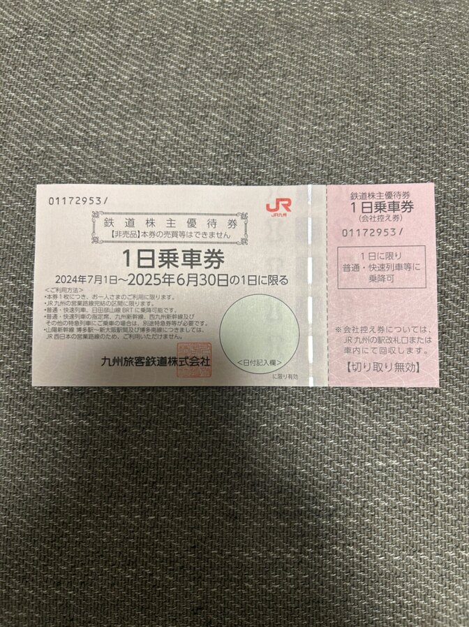 JR九州 鉄道株主優待券
１日乗車券
有効期限　2025年6月30日