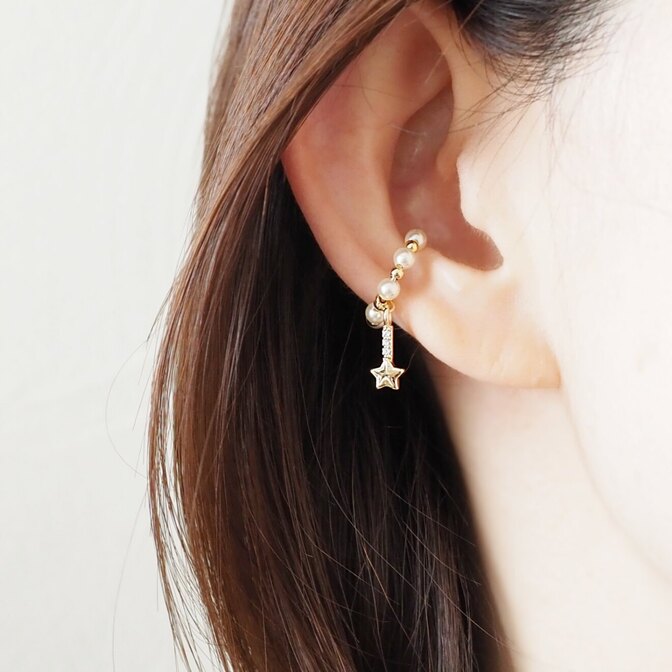 【快適なつけ心地】ジルコニアスティックstar☆とクリスタルパールのイヤーカフ（片耳用）
