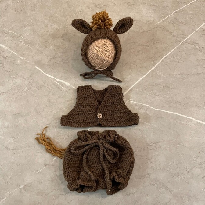 【ニューボーンフォト】手編み うまコスチューム3点セット（ブラウン）／ ベビー衣装 出産祝い