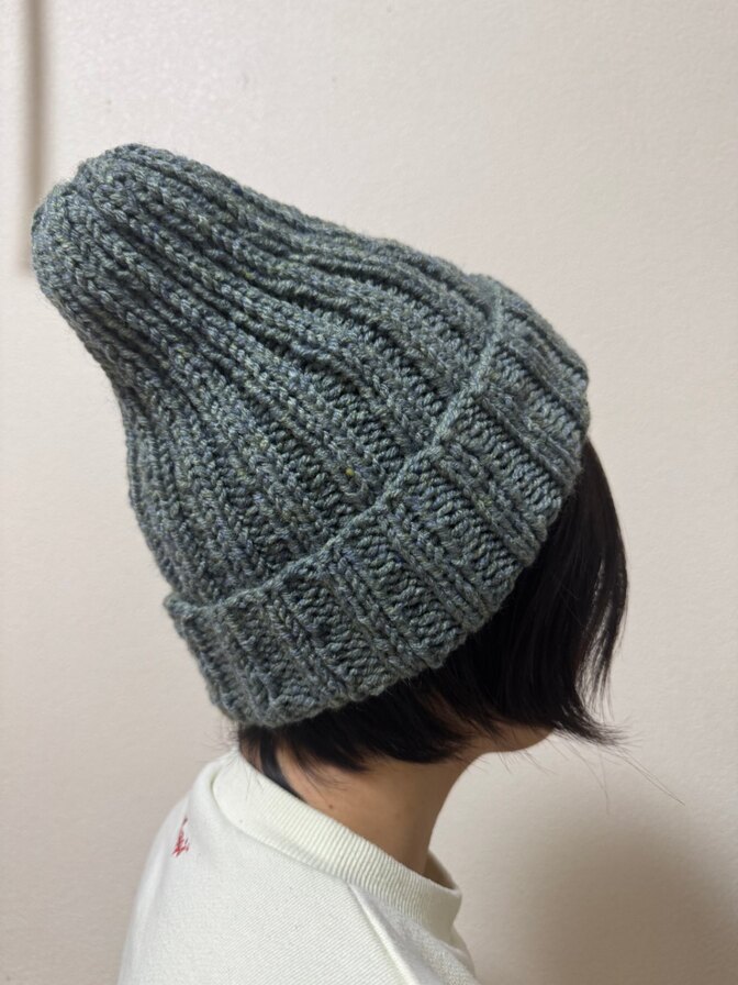 【スタート記念価格】シンプルなブルーグリーンの手編みリブニット帽　ハンドメイド　一点もの