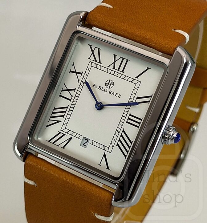 【大人の為のスタイルレクタングル/新品】日付 パールホワイト文字盤/カーフスキンブラウン革 メンズ