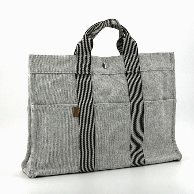 エルメス ニューフールトゥMM　トートバッグ　キャンバス　グレー系