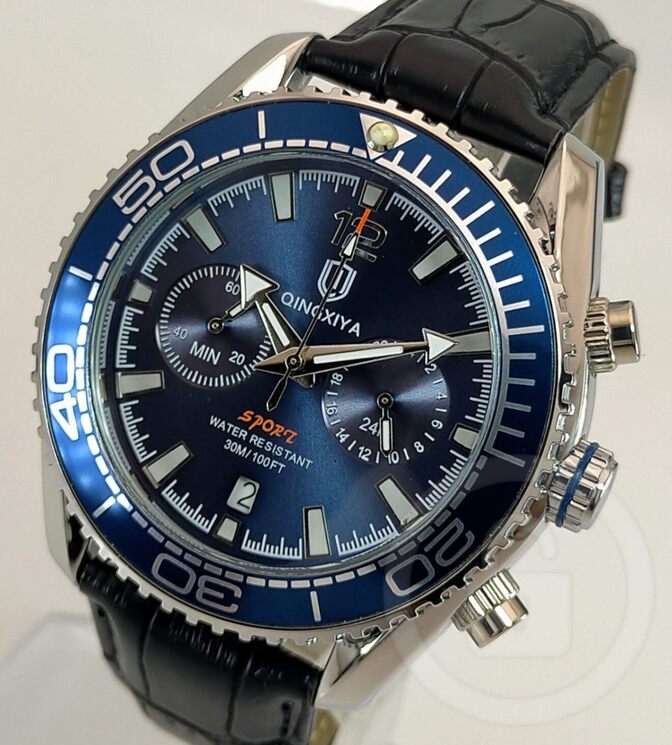 男のウエポンウォッチ【力強い極太ベゼル＆肉厚ケース/新品】クロノグラフ ディープシーブルー/黒レザー