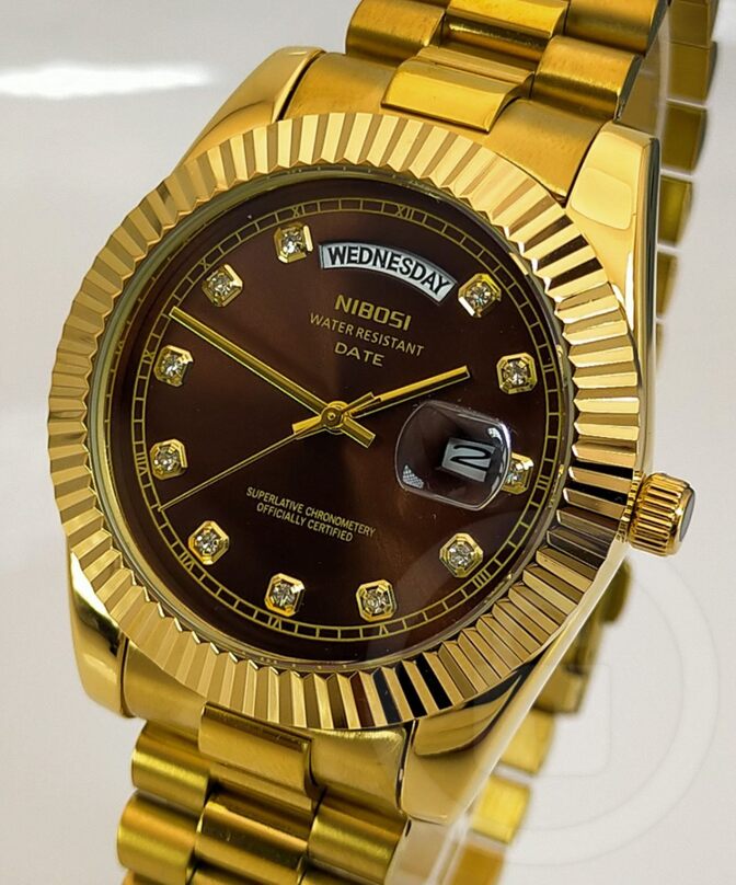 圧倒的コストパフォーマンス【美しすぎるディープブラウン文字盤/新品】デイデイト機能 10P ゴールド