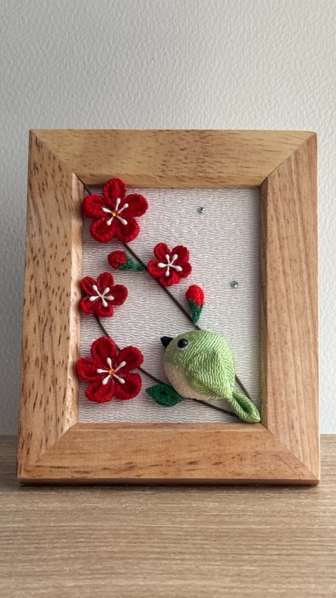 ちりめん細工 梅とメジロのミニフォトフレーム
