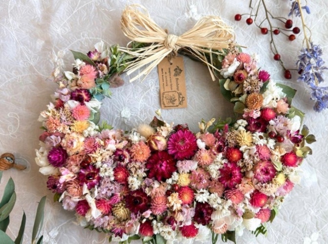ナチュラルドライフラワー花かごリース☆ ＊くすみピンクとボルドーの優しい彩り