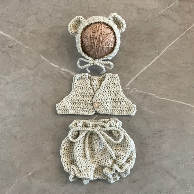 【ニューボーンフォト】手編み くまコスチューム3点セット（グレー）／ ベビー衣装 出産祝い