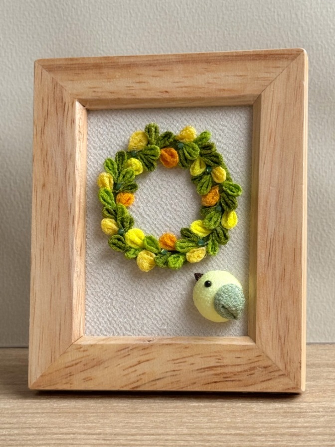 【ハンドメイド】ミモザ　リースと小鳥のフレーム飾り｜春色インテリア