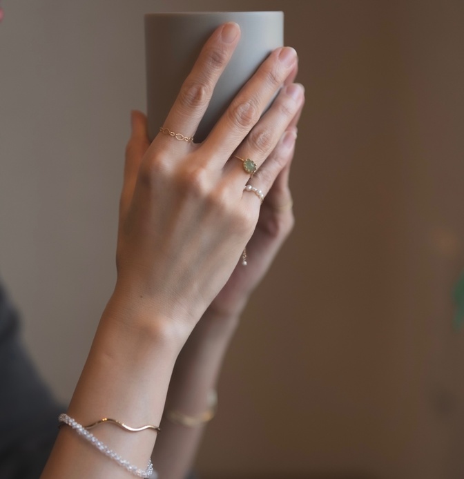 リング３点セット　淡水パール、チェーンリング、グリーンアベンチュリン　指輪　サイズ調整可能　