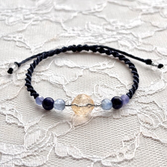 【ハンドメイド】ひとつぼし シトリン カイヤナイト ラピスラズリ 天然石 編み ブレスレット