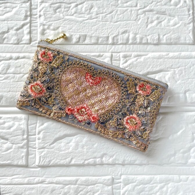 インド刺繍リボン🎀16cmファスナーポーチ⑰