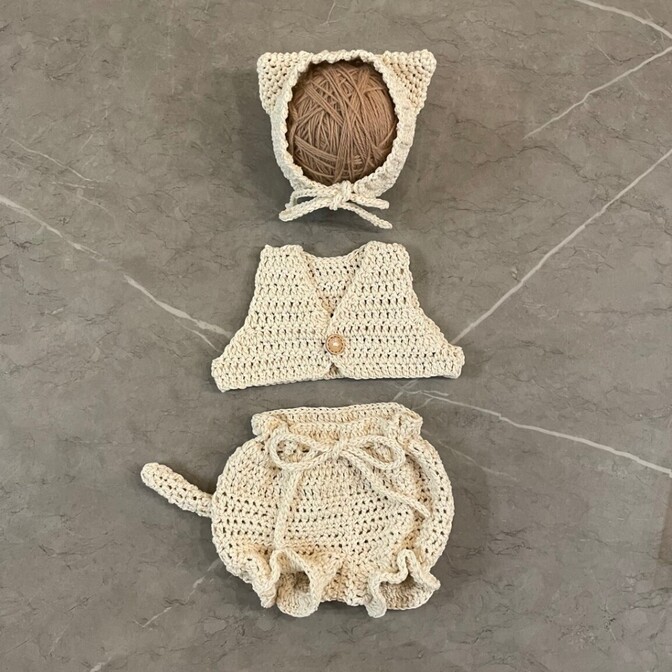 【ニューボーンフォト★コットンシリーズ】手編 ねこコスチューム3点セット（ホワイト）ベビー 出産祝