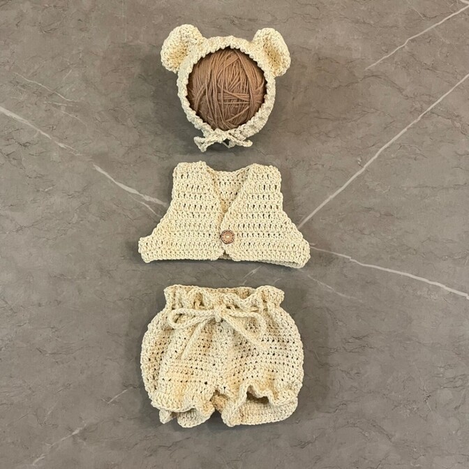 【ニューボーンフォト★コットンシリーズ】手編 くまコスチューム3点セット（ホワイト）ベビー 出産祝