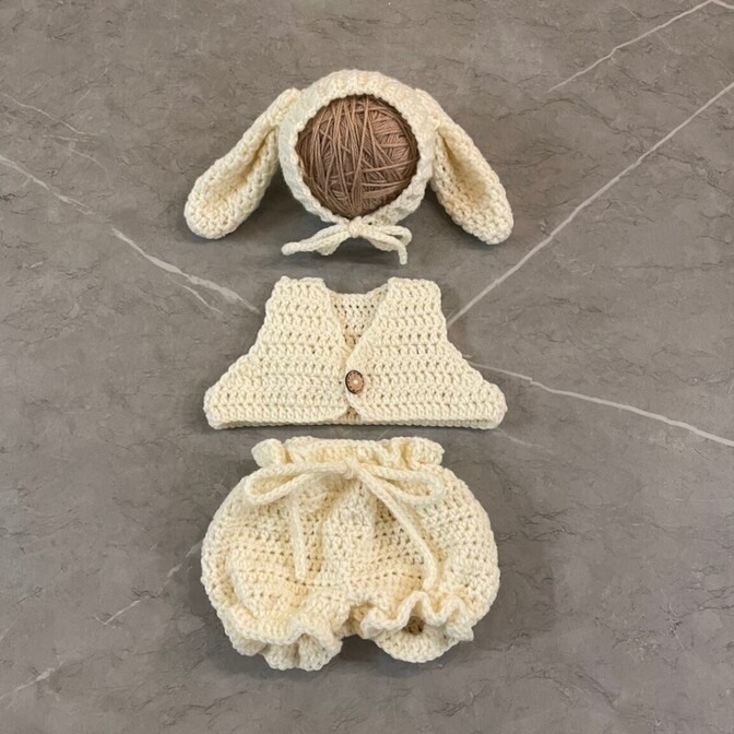 【ニューボーンフォト】手編み 垂れ耳うさぎコスチューム3点セット（ホワイト）／ ベビー衣装 出産祝い