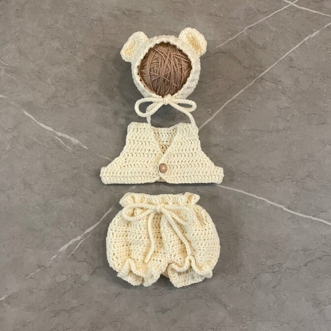 【ニューボーンフォト】手編み くまコスチューム3点セット（ホワイト）／ ベビー衣装 出産祝い