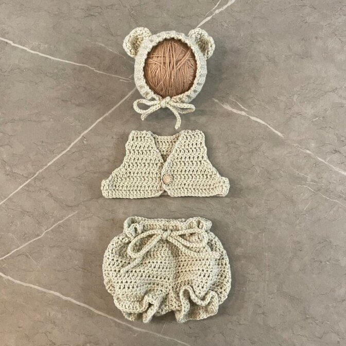 【ニューボーンフォト】手編み くまコスチューム3点セット（グレー）／ ベビー衣装 出産祝い