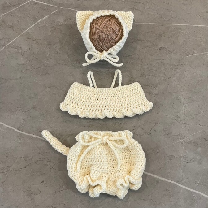 【ニューボーンフォト ★ビスチェタイプ】手編み ねこコスチューム3点セット（ホワイト）／ベビー衣装