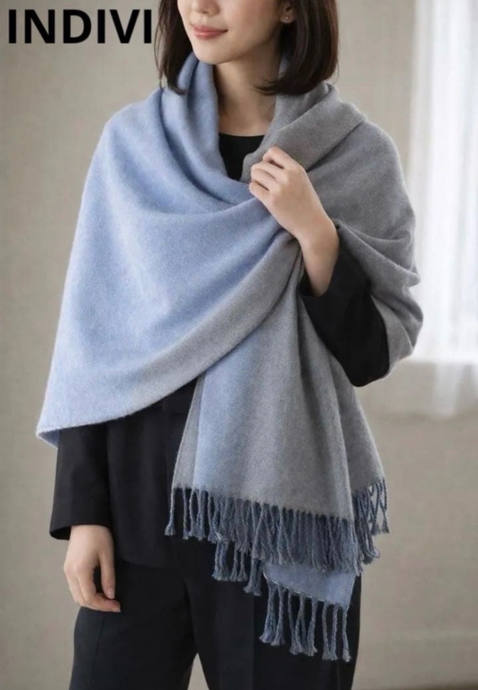 INDIVI インディヴィ ストールリバーシブル ブルー×グレー フリンジ　美品