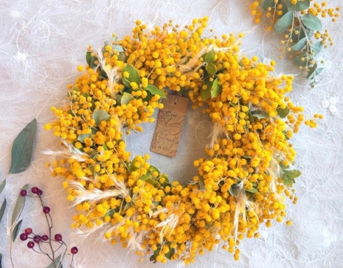 春色ミモザのナチュラルリース＊ドライフラワー＊壁飾り＊インテリア＊約25cm