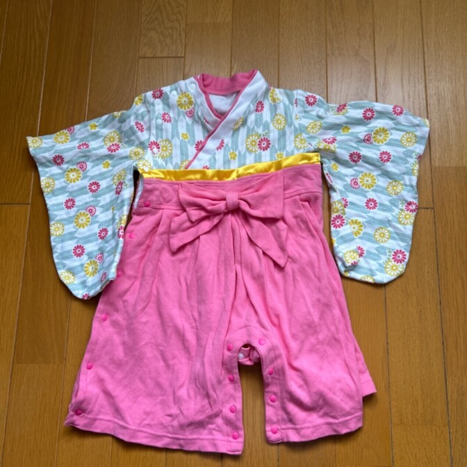 ベビー甚平ロンパース 女の子 ピンク花柄 80サイズ