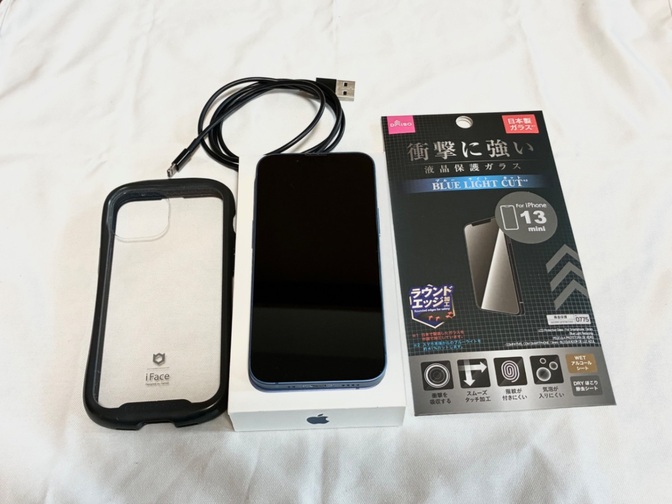 iPhone13miniブルー 128GB ケース&画面フィルム&カメラフィルム有　お子様などに