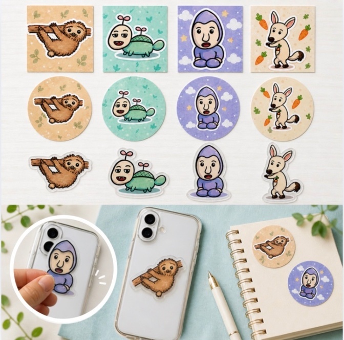 🦥 じわじわくる…オリジナルキャラクターステッカー 4柄セット｜3タイプから選べる