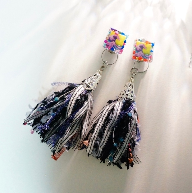 【ハンドメイド】浮世絵×タッセル　2wayイヤリング
