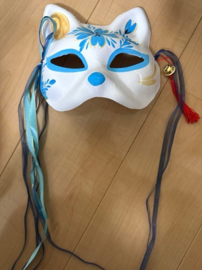 狐のお面　マスク 青い花模様