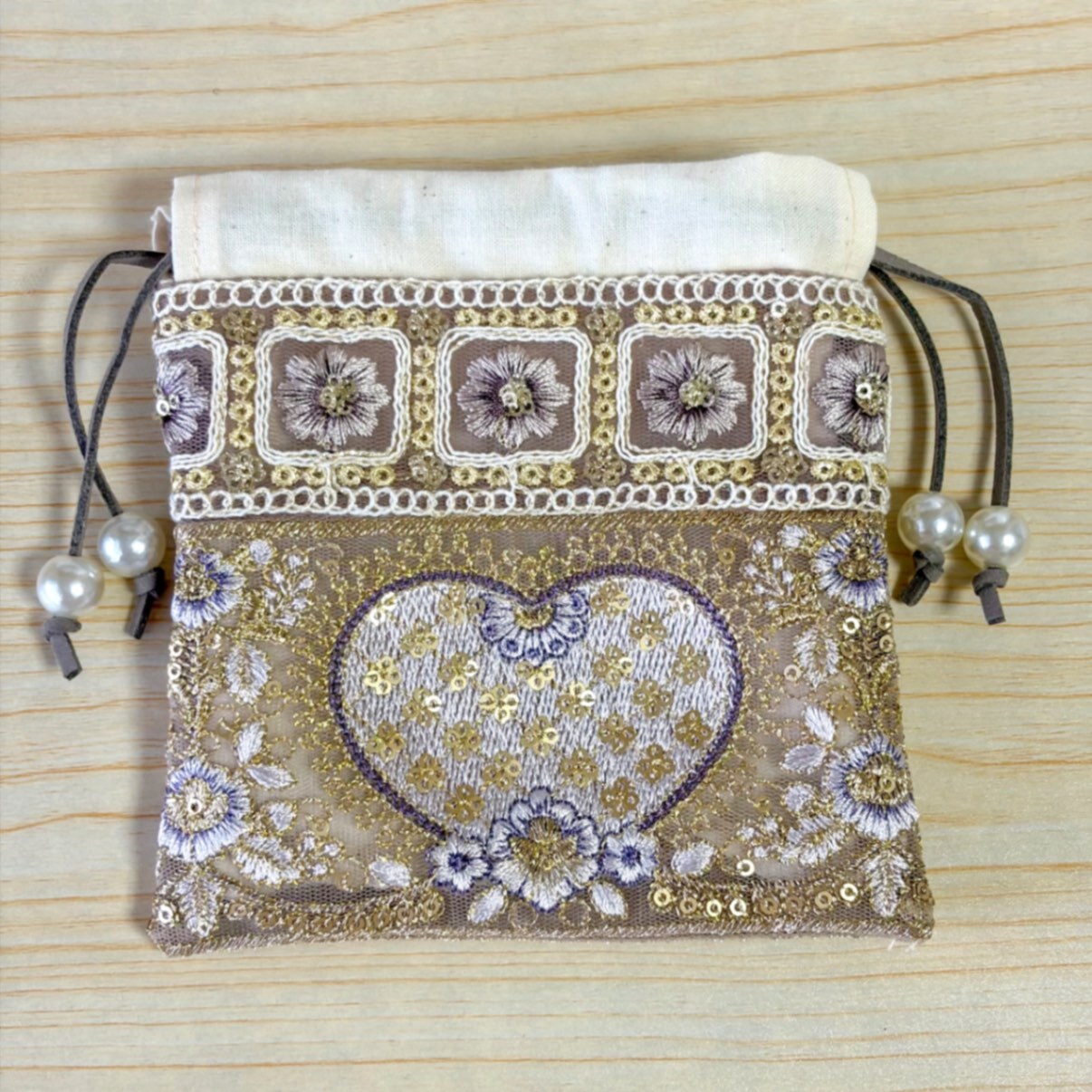 インド刺繍リボン🎀巾着 藤色｜リベシティフリーマーケット