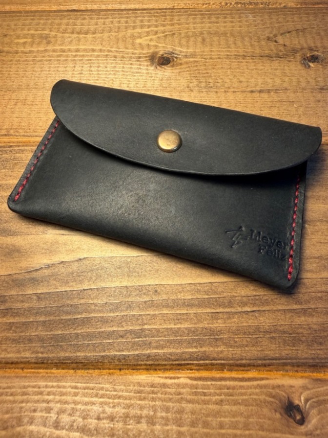 手縫い本革カードケース｜ブラック×レッドステッチ ゴールド金具 2段収納 名刺入れ