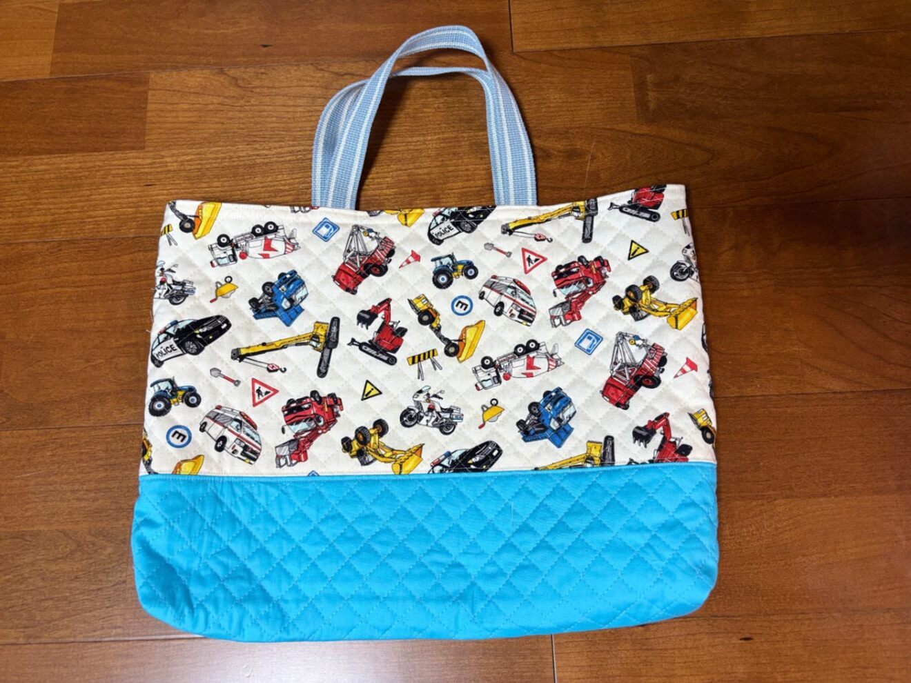 ハンドメイド】入園入学3点セット 乗り物・はたらく車柄×水色 レッスン