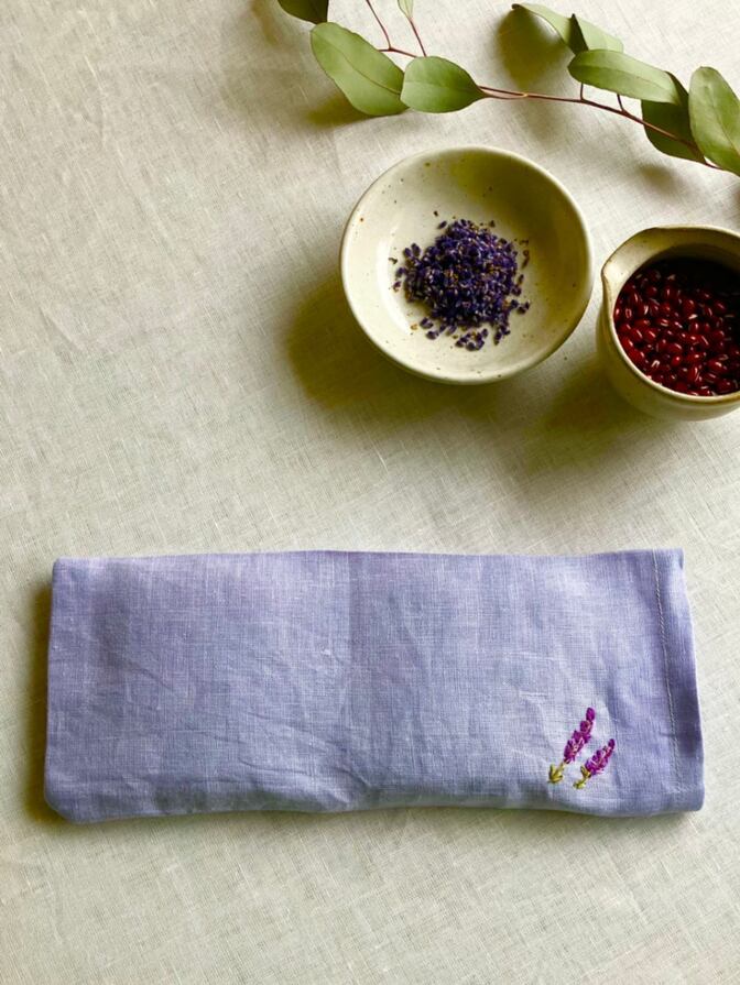 [ハンドメイド] リネン100% ラベンダー刺繍のあずきアイマスク 小豆250g 目の疲れに 