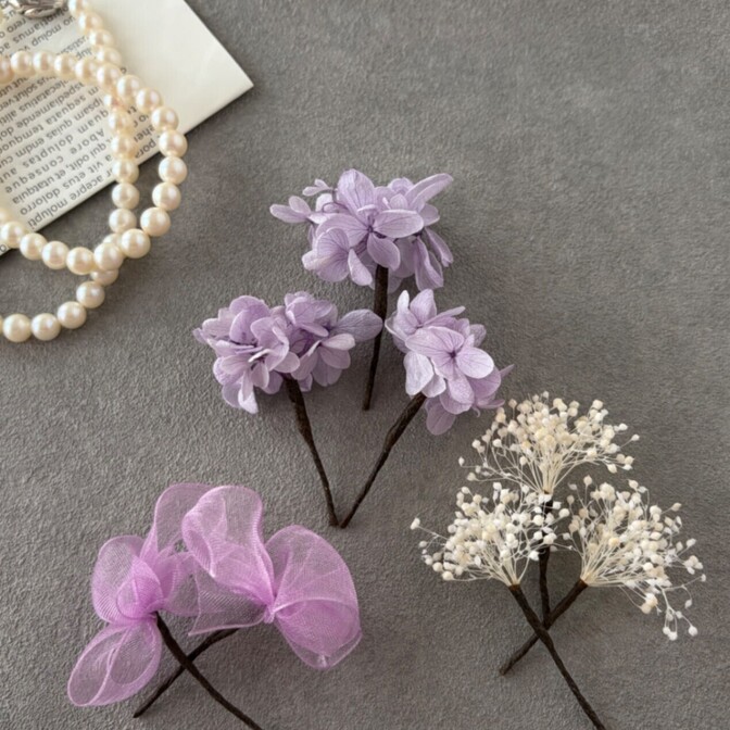 【プリザーブドフラワーの髪飾り】紫紫陽花パーツ3  かすみそうパーツ3   リボンパーツ2