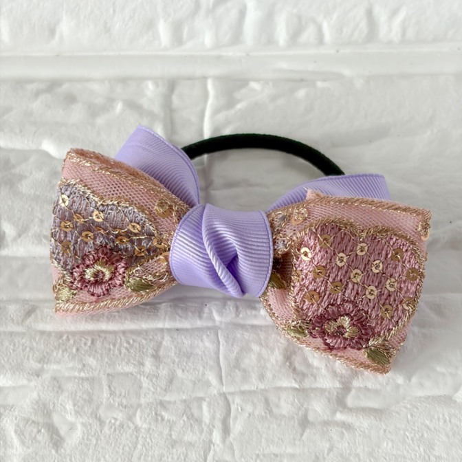 インド刺繍リボン🎀ヘアゴム　ライラックパープル