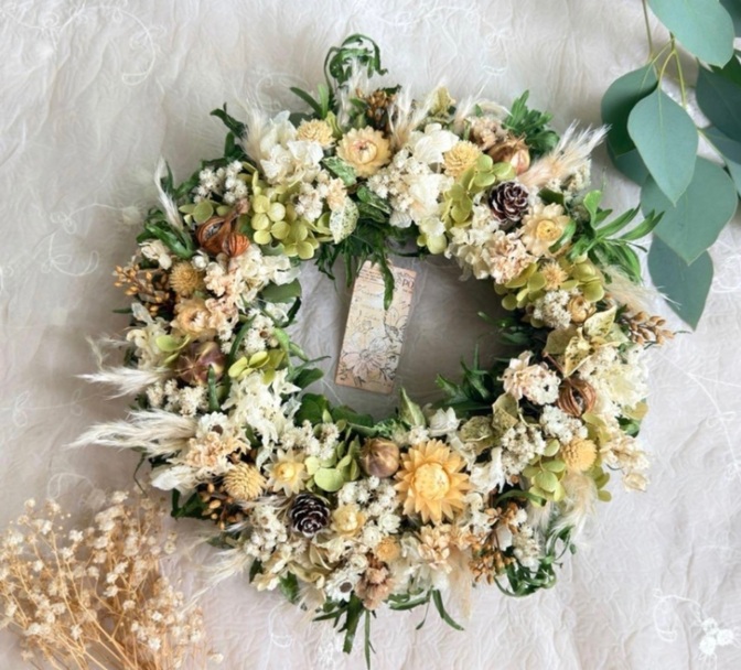 秋色ナチュラルリース＊グリーンと草花のボタニカルリース＊約24cm