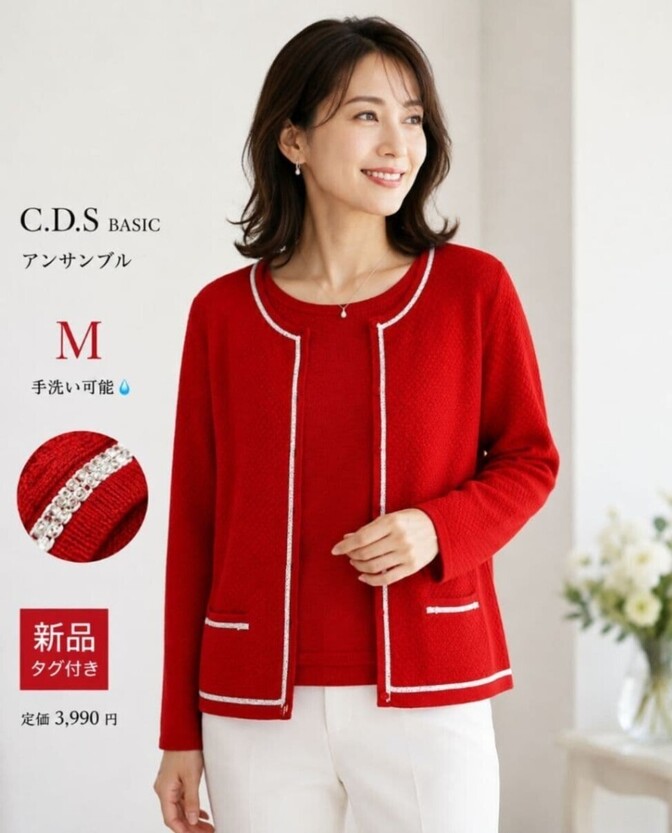 【新品タグ付き】C.D.S BASIC アンサンブル ニット カーディガン M 赤