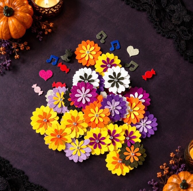 【ハロウィン】ペーパーフラワー 51個 ラインストーン付き ハンドメイド素材 デコパーツ